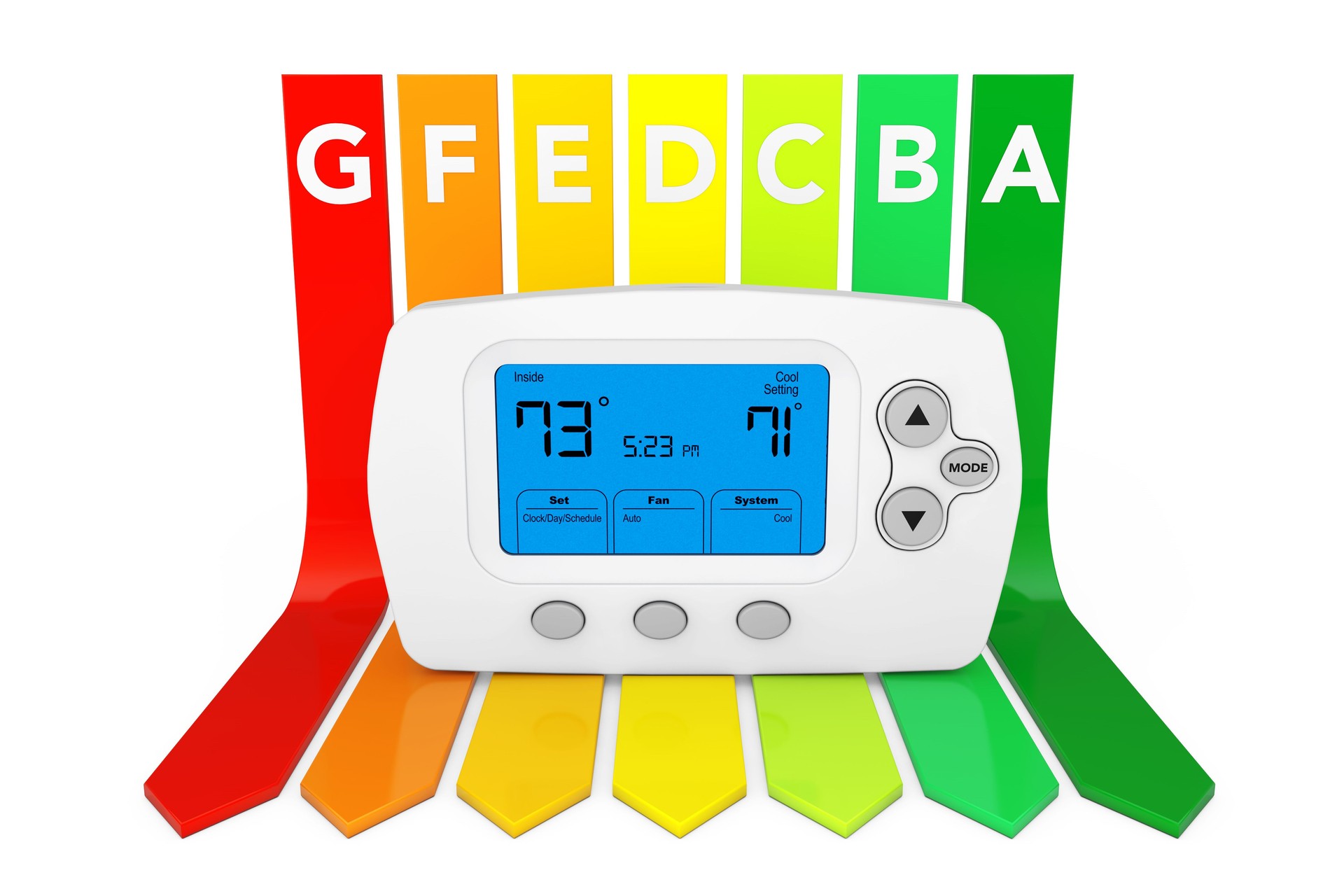 Moderne Programmierung Thermostat über Energieeffizienz Rating-Diagramm. 3D rendering