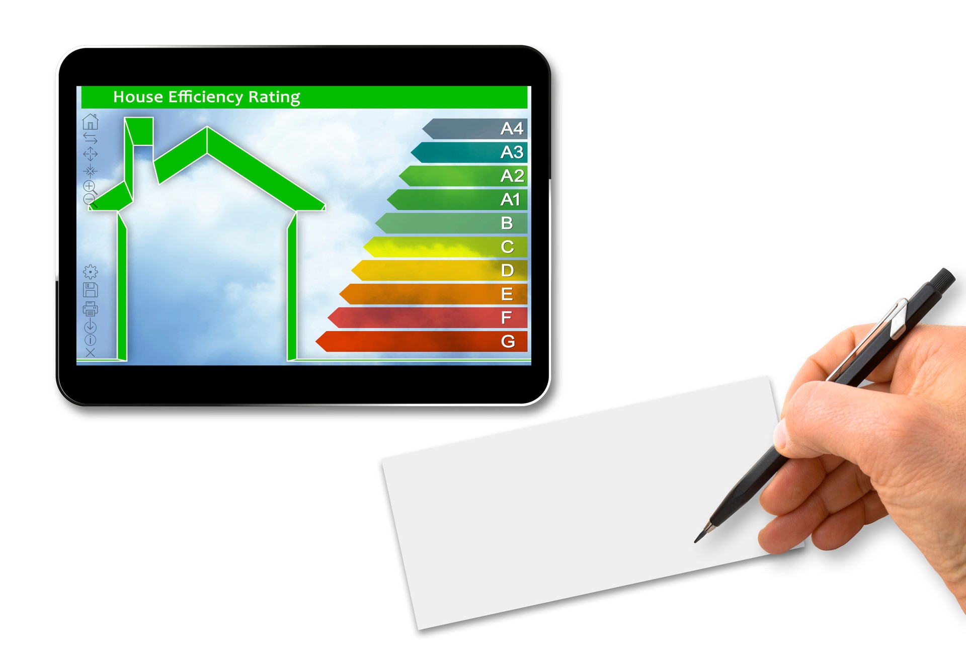 Gebäude Energieeffizienz Konzept Bild. 3D Rendern eines digitalen Tablets mit Haus und Energie Klassen nach dem neuen Europäischen Gesetz und hand gestützt auf ein leeres Blatt