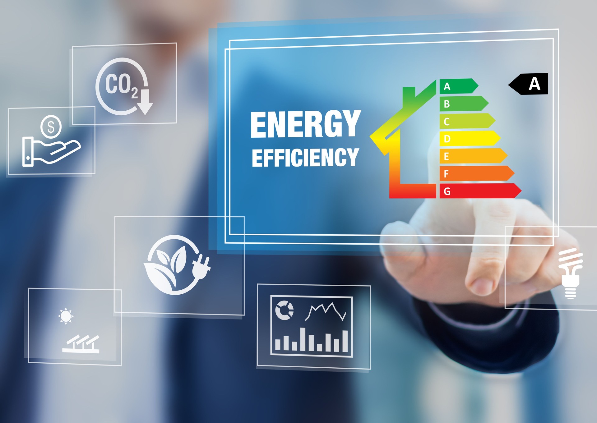 Energieeffizienz-Rating und Eco-Home-Renovierung Isolierung Leistung, niedrigen Verbrauch ökologisches Haus, nachhaltige Sentwicklungshilfe konzept mit Experten berühren Symbol auf dem Bildschirm