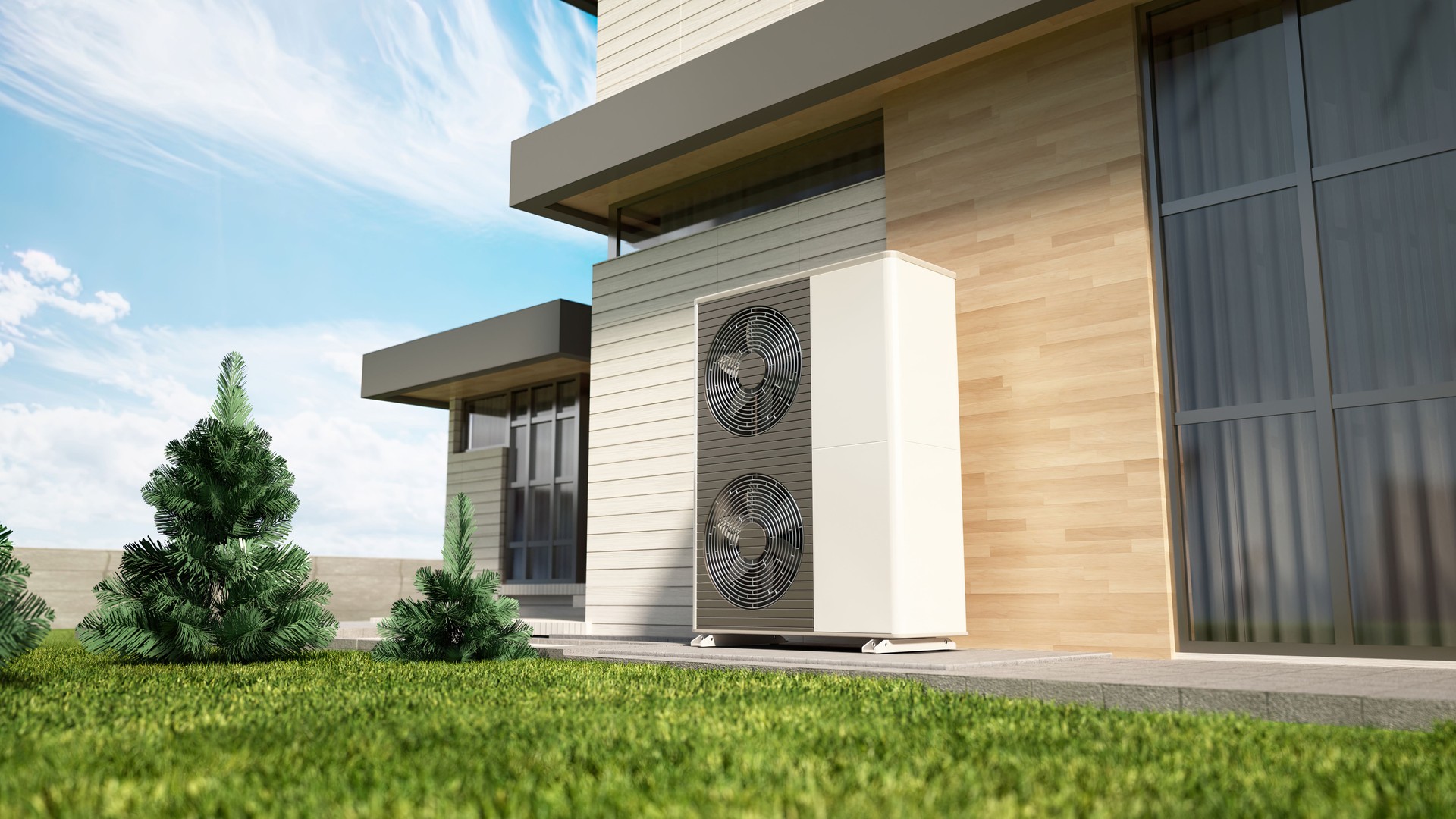 Heat pump is installed on the side of a modern home